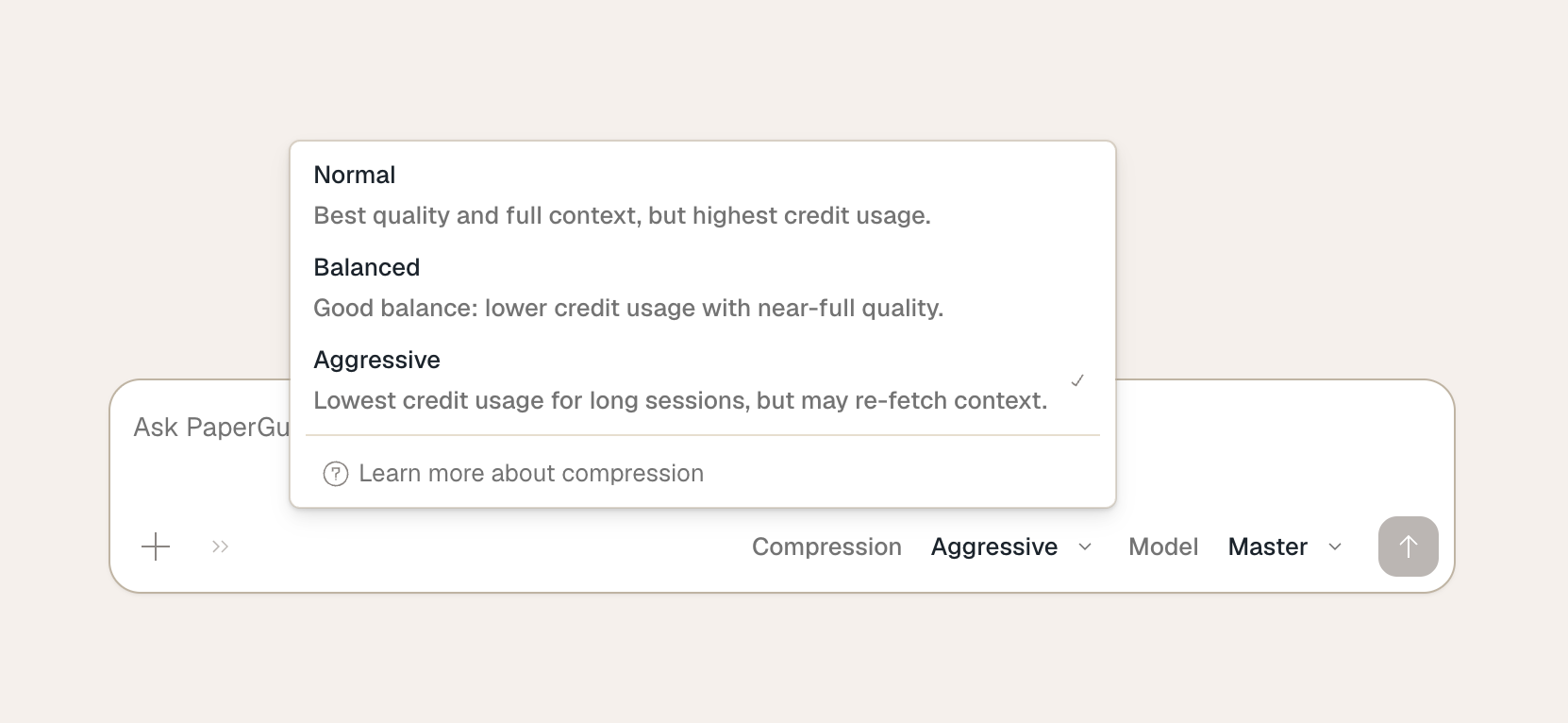 Compression level picker in the chat toolbar