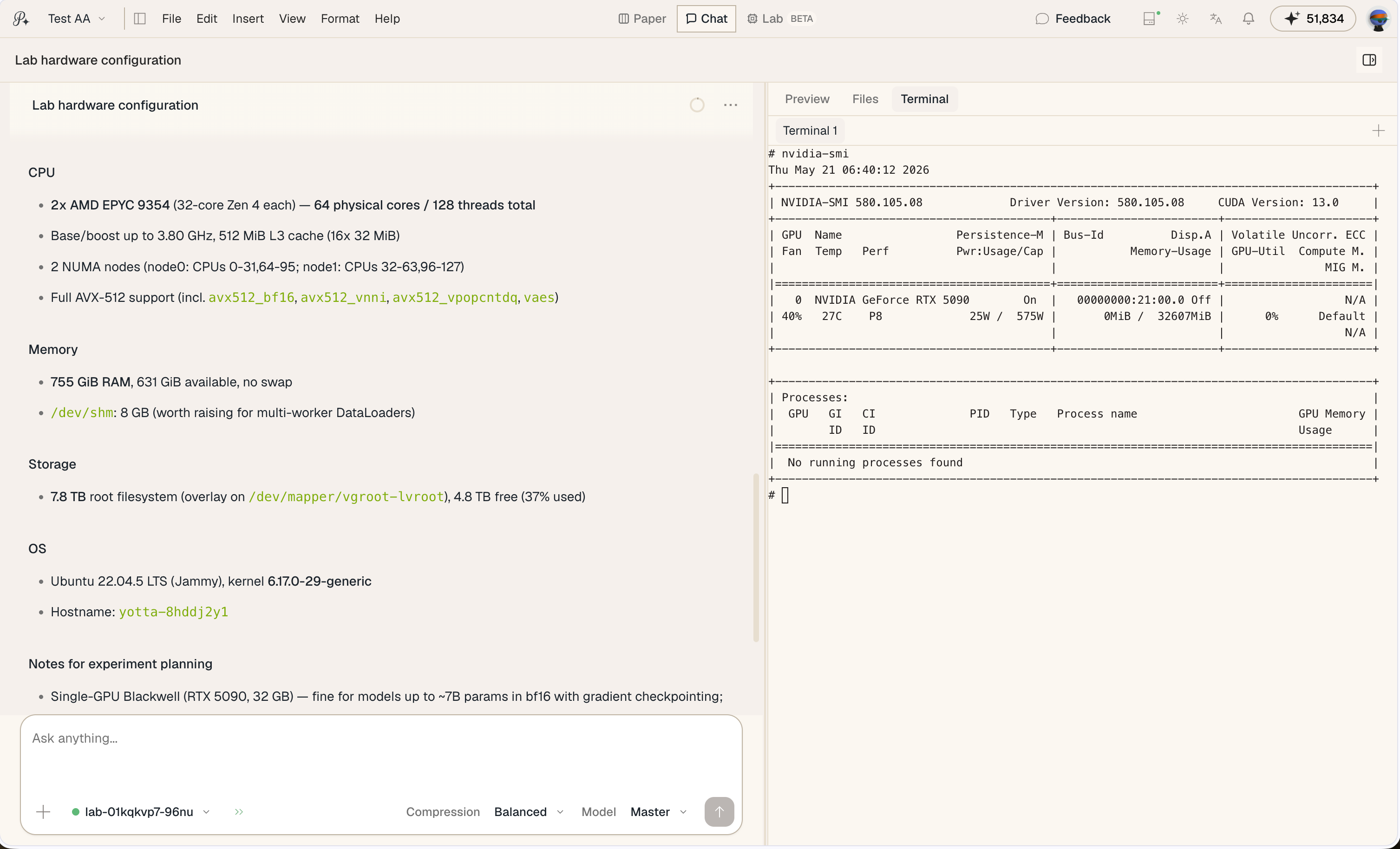 Lab Compute in the chat view — terminal and file browser in the sidebar alongside the research session