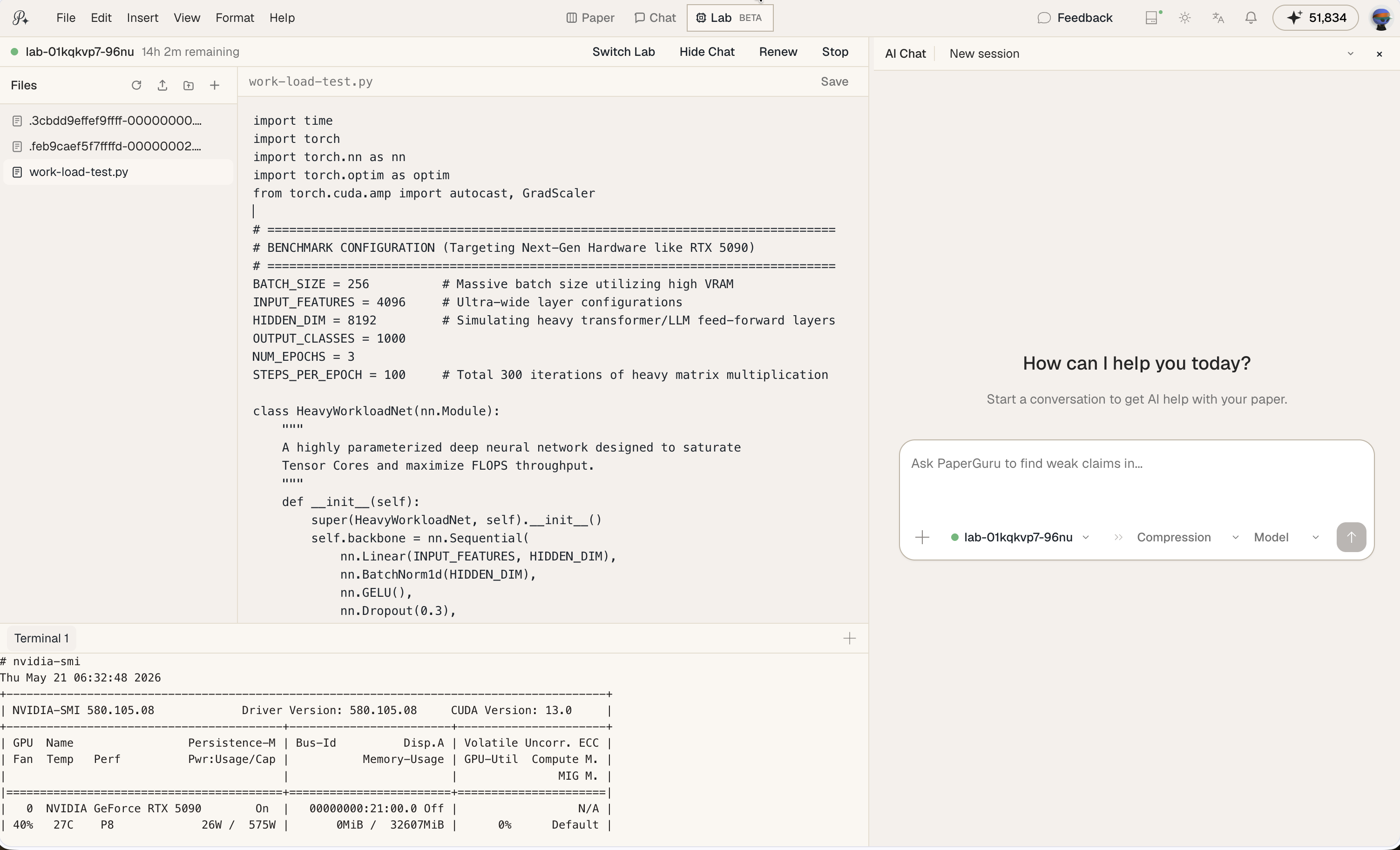 The Lab View — file browser, code editor, and terminal alongside the AI chat panel
