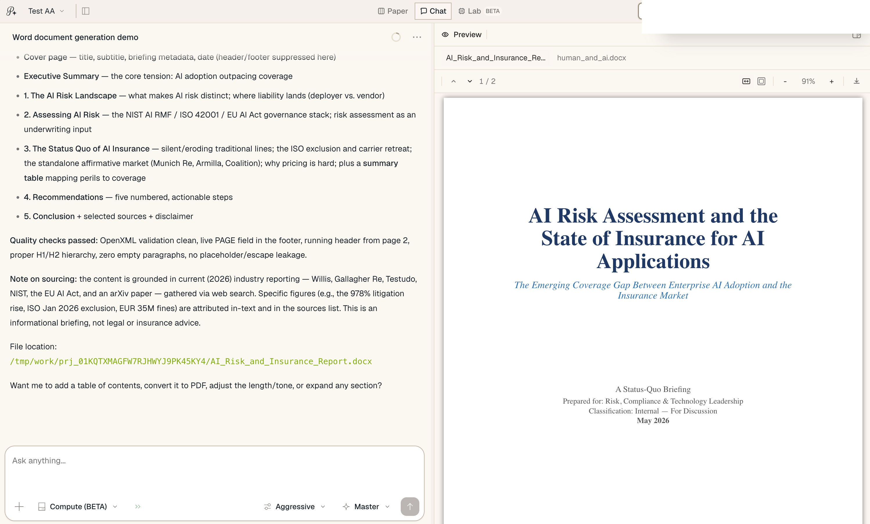 Generating a Word document and previewing it side by side in the workspace