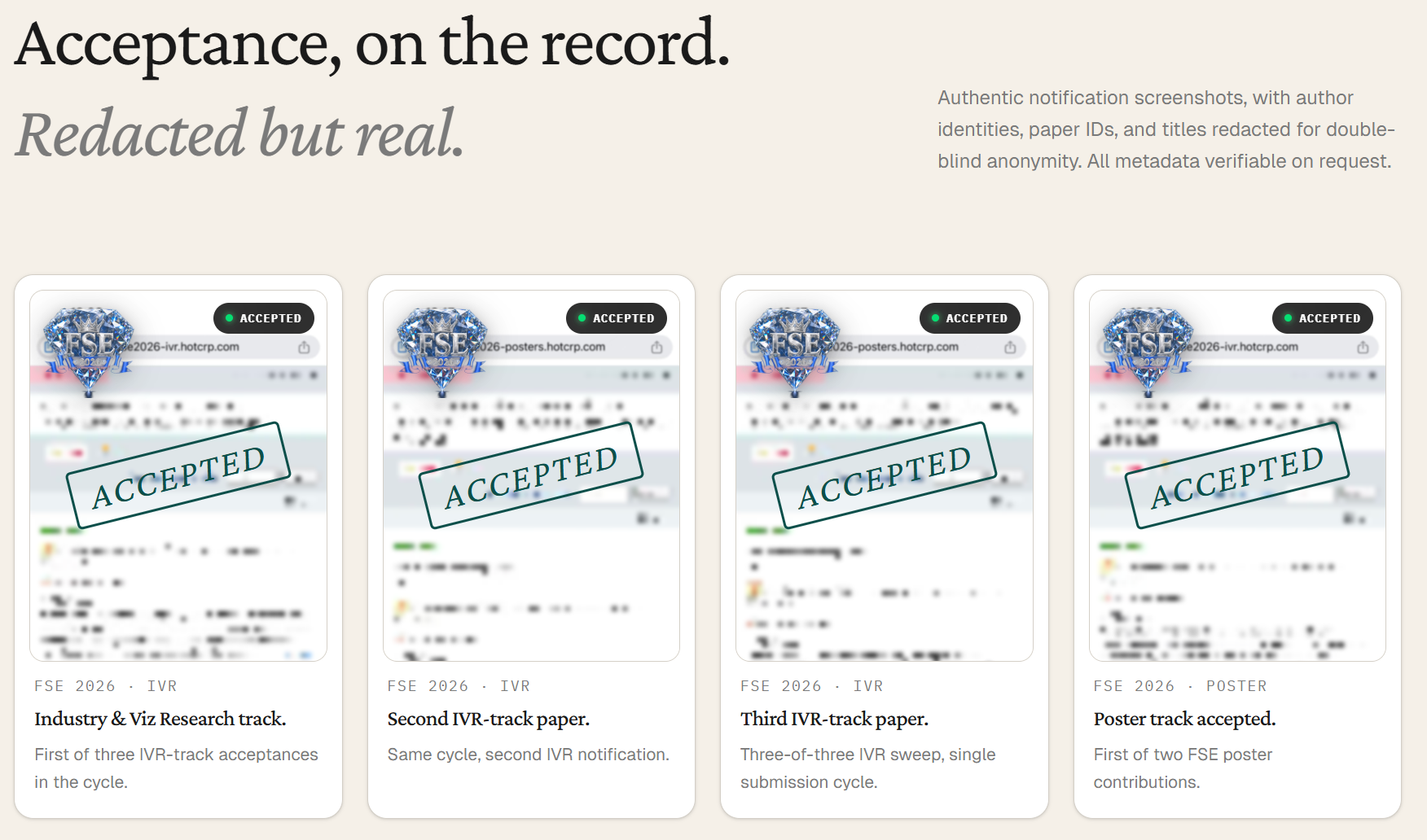 Acceptance evidence cards — FSE 2026 IVR and Poster notification screenshots, redacted but real